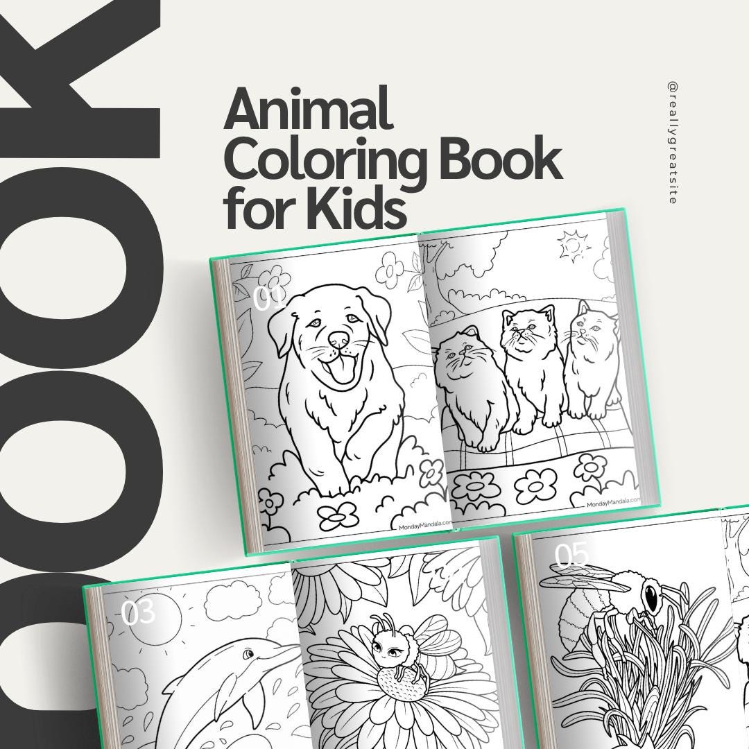 Printable Animal Coloring Book for Kids – Cute Dolphin, Bee, Cat, Dog ...