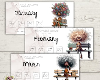 1K Month By Month Savings Challenge Savings Monthly Savings Quirky Black Girl Savings Challenge Cash Envelope Budgeting Tracker