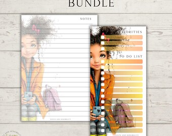 May include: A notepad and to-do list bundle featuring an illustration of a young person holding a phone. The notepad has lined pages, while the to-do list has a color-coded priority section. The text "NOTEPAD & TO-DO LIST BUNDLE" is at the top.