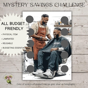 May include: A laminated savings challenge featuring a barber and client. The image includes text that reads "Mystery Savings Challenge" and "All Budget Friendly." The color of the scratch-off stickers may be gold, silver, or holographic.