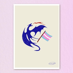Blue Dragon Trans Flag - Signed A3 Print - Queer Pride Art - Limited Edition Poster