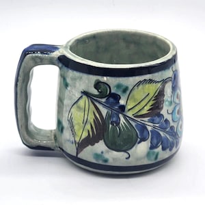 Vintage Tonala Mexican Pottery Coffee Mug, Hand Painted Blue Floral Folk Art Stoneware, Signed CAT Mexico Tonala JAL 321
