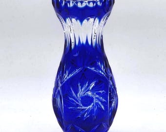 Vintage cut-to-clear COBALT BLUE 7.25" art glass crystal VASE in the style of Czech Bohemia