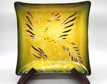 Vintage Sascha Brastoff MCM "Chi Chi Birds" Square Dish, California Art Pottery Yellow Green Avocado Mid Century Ceramic Tray - as is