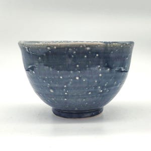 Hand-thrown, artist-made, glossy, gray-blue and white-speckled glazed CERAMIC textured square-rim BOWL -- signed &quot;Sheri, 2001&quot;