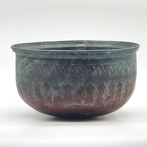 Antique/Early 20th-century Middle Eastern Tinned-Copper 7" Decorative Bowl – Hand-Etched & Patched