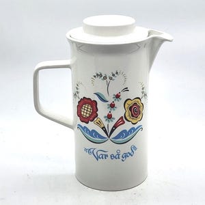 Vintage Berggren Swedish Folk Art Coffee Pot with Lid, Mid Century Scandinavian Porcelain Pitcher, Johnson Brothers Var Sa God Coffee Carafe