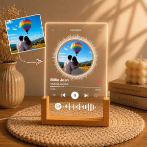 Placa personalizada con canciones de Spotify – Lámpara de noche con foto personalizada y música - Regalo perfecto de aniversario para parejas - Lámpara de noche LED de acrílico