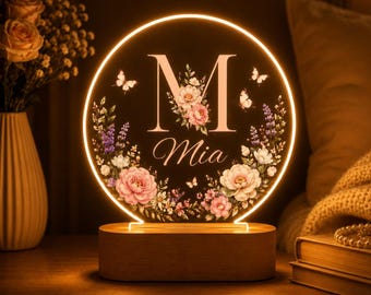 Personalized Name Night Light, Custom Floral LED Lamp, Acrylic Light with Wooden Base, Gift for Her
