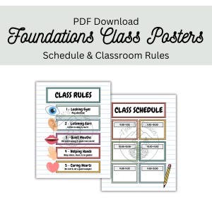 Może przedstawiać: Plik PDF do pobrania z plakatami Foundations Class, zawierający zasady klasy i harmonogram. Zasady są zilustrowane okiem, uchem, ustami, dłonią i sercem. Harmonogram zawiera przedziały czasowe i ołówek.