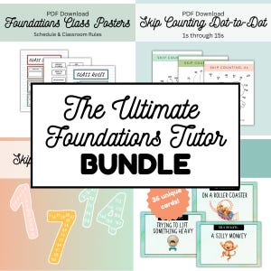 Könnte beinhalten: Ein digitales PDF-Paket mit Foundations-Klassenpostern, Arbeitsblättern zum Überspringzählen von 1 bis 15 und 36 einzigartigen Karten mit Illustrationen und Texten wie Trying to Lift Something Heavy, On a Roller Coaster und A Silly Monkey.