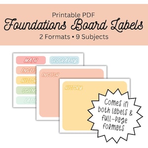 May include: A printable PDF set of Foundations Board Labels featuring 2 formats and 9 subjects. The labels are displayed in pastel colours including pink, blue, yellow, and green with white text. A starburst graphic states, Comes in both labels & full-page formats.
