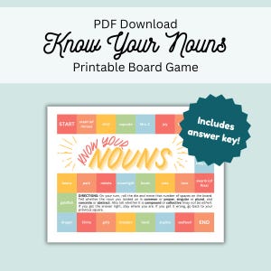 Könnte beinhalten: Ein druckbares Brettspiel mit dem Titel Know Your Nouns, das ein farbenfrohes Raster aus Feldern mit verschiedenen Substantiven, einen zentralen Spieltitel und eine dunkelblaue Sternform mit der Aufschrift Includes answer key! enthält.