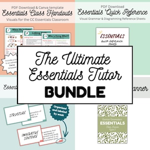 May include: A digital bundle featuring The Ultimate Essentials Tutor BUNDLE, Essentials Class Handouts, and Essentials Quick Reference PDF downloads. Includes educational charts, grammar diagrams, and printable cards with definitions like Structure and Imperative Sentence.
