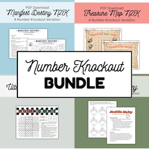 以下が含まれることがあります： Number Knockout BUNDLEというタイトルのデジタルPDFダウンロードバンドル。Manifest Destiny N2K、Treasure Map N2K、Ultimate Tic-Tac-Toe、Shoot the Turkeyなどの教育用ゲームシートが含まれており、ルールやグリッド、説明文が記載されています。