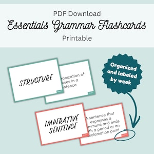 May include: A collection of printable grammar flashcards with the title "Essentials Grammar Flashcards." The flashcards are labeled by week and include terms like "Structure" and "Imperative Sentence." The background is a light teal color.