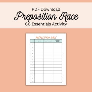 May include: A printable PDF document titled "Preposition Race" with a light peach background. The document includes a table with columns for "Preposition" and "Object of the Preposition". The text "CC Essentials Activity" is also visible.