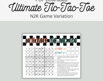 May include: A PDF download for an Ultimate Tic-Tac-Toe N2K game variation. The game sheet features a black and white checkered header, a grid of numbers from 1 to 36, player score boxes, and printed instructions for gameplay rules.