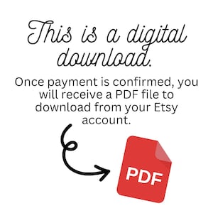 May include: White background with the text "This is a digital download." A red PDF icon with the word "PDF" is shown. The text explains that a PDF file will be available for download after payment.