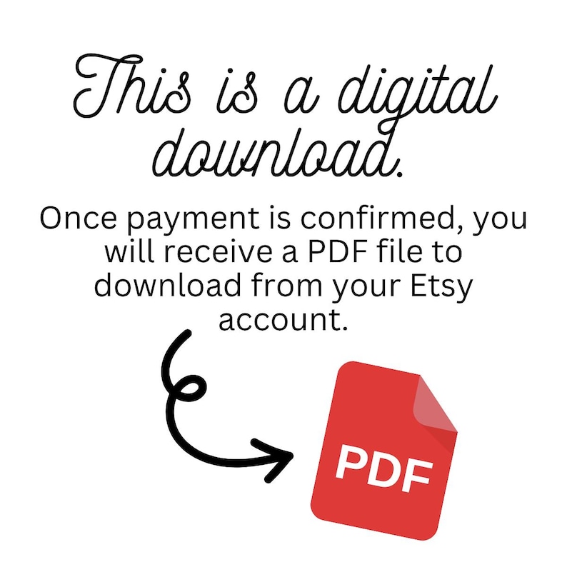 May include: White background with the text "This is a digital download." A red PDF icon with the word "PDF" is shown. The text explains that a PDF file will be available for download after payment.