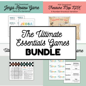 Può includere: Un pacchetto di giochi educativi digitali con materiali PDF stampabili. La collezione include Jenga Review Game Parts of a Sentence, Treasure Map N2K, Ultimate Tic-Tac-Toe e Spoons Review Game. Il testo centrale recita The Ultimate Essentials Games BUNDLE.