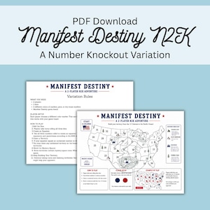 Può includere: Un download PDF intitolato Manifest Destiny N2K, una variante di gioco numerico. Il gioco include due fogli stampati con regole, istruzioni per la configurazione dei giocatori e una mappa degli Stati Uniti divisa in territori numerati.