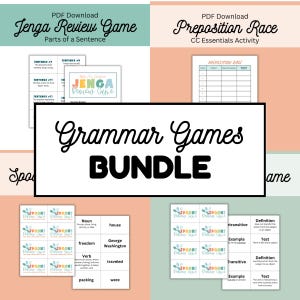 Puede incluir: Un paquete digital de juegos de gramática que incluye descargas en PDF para Jenga Review Game, Preposition Race y Spoons Review Game. Los documentos contienen tarjetas imprimibles, tablas y hojas de actividades con texto como Grammar Games BUNDLE, Parts of a Sentence y CC Essentials Activity sobre fondos coloridos.