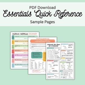 May include: A PDF download titled Essentials Quick Reference Sample Pages featuring three educational sheets. The pages contain text about sentence patterns, prepositions, and diagramming, using color-coded sections and black text on white paper.