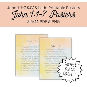 May include: Two printable posters featuring John 1:1-7 in English and Latin. The text is set against a soft yellow and blue watercolor background. The posters are labeled 8.5x11 inches and include a starburst graphic with the text Perfect for CC Cycle 3.