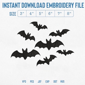 Puede incluir: Un archivo de bordado de descarga instantánea con seis diseños de murciélagos negros en varias posiciones de vuelo. El texto dice INSTANT DOWNLOAD EMBROIDERY FILE, SIZE 3" 4" 5" 6" 7" 8" y los formatos VP3, PES, JEF, EXP, DST, HUS.