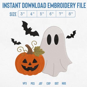 Puede incluir: Un archivo de diseño de bordado con una calabaza naranja con tallo marrón y hoja verde, un fantasma gris claro con ojos negros y tres murciélagos negros. Texto: INSTANT DOWNLOAD EMBROIDERY FILE, SIZE 3" 4" 5" 6" 7" 8", VP3 PES JEF EXP DST HUS.