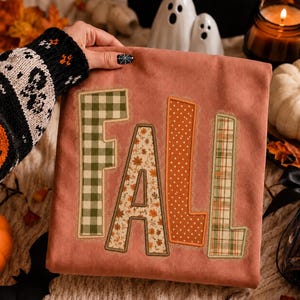 Puede incluir: Una sudadera rosa empolvado con la palabra FALL aplicada en letras grandes. Cada letra tiene un patrón único: la F es de cuadros verdes, la A tiene estampado de hojas, la L es naranja con puntos blancos y la segunda L es de cuadros verdes y naranjas.