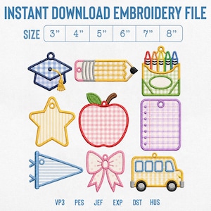 May include: Instant download embroidery file featuring nine school-themed designs: a graduation cap, pencil, crayon box, star, apple, notepad, pennant, bow, and school bus. Sizes 3", 4", 5", 6", 7", and 8" are listed with file formats VP3, PES, JEF, EXP, DST, HUS.