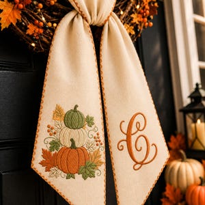 May include: A beige fabric ribbon featuring an embroidered stack of three pumpkins in green, white, and orange, surrounded by autumn leaves and berries. The other side of the ribbon displays a large, embroidered orange letter C in a cursive font.