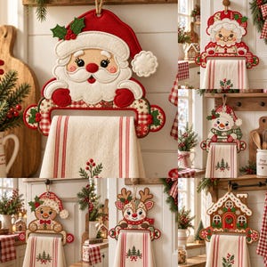 Può includere: Una collezione di sei portasciugamani da cucina a sospensione con disegni in tessuto ricamato di Babbo Natale, la Signora Natale, un pupazzo di neve, un omino di pan di zenzero, una renna e una casetta di pan di zenzero con asciugamani bianchi.
