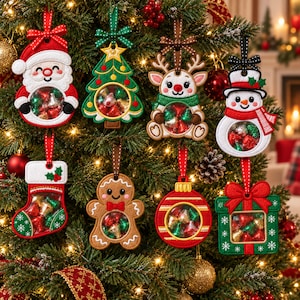 Könnte beinhalten: Ein Set aus acht bestickten Weihnachtsanhängern in Form von Weihnachtsmann, Tannenbaum, Rentier, Schneemann, Socke, Lebkuchenmann, Christbaumkugel und Geschenk, jeweils mit einem durchsichtigen Fenster, das mit bunten Bonbons gefüllt ist.