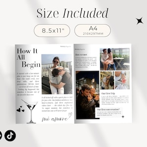May include: A two-page layout with the text "How It All Begin" and "Birthday Magazine." Includes photos, text, and the phrase "mi amore." The sizes are 8.5x11 inches and A4 210x297MM.