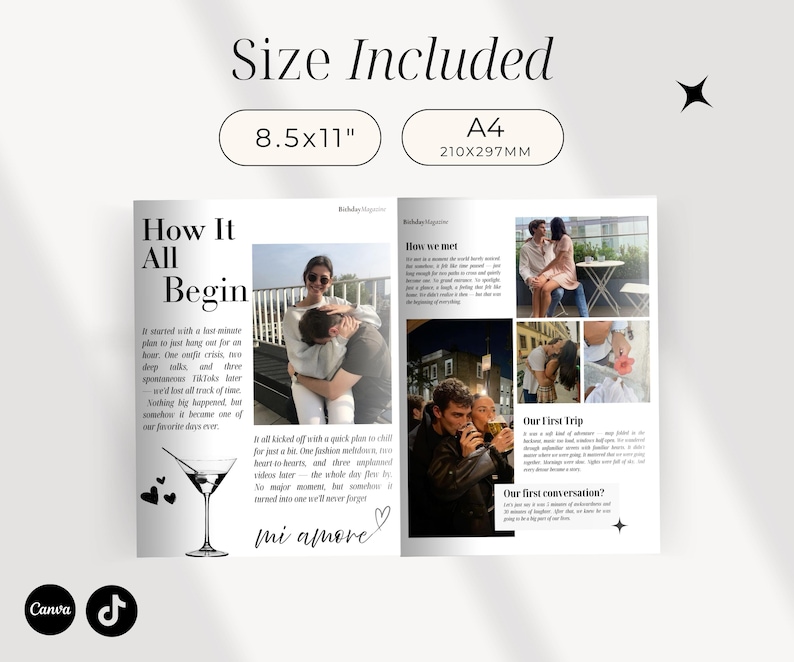 May include: A two-page layout with the text "How It All Begin" and "Birthday Magazine." Includes photos, text, and the phrase "mi amore." The sizes are 8.5x11 inches and A4 210x297MM.