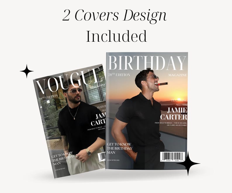 May include: Two magazine covers are displayed, one titled "VOUGE" and the other "BIRTHDAY MAGAZINE." Both covers feature a man wearing sunglasses. The text "2 Covers Design Included" is at the top.