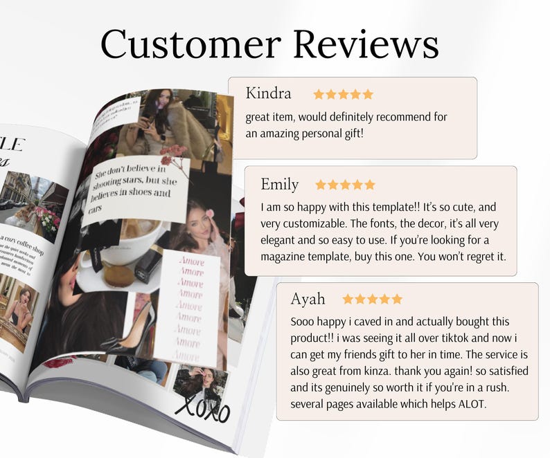 May include: Open magazine with customer reviews. The pages feature photos, text, and the words "Customer Reviews." Reviews include phrases like "great item" and "so happy." The magazine has the word "LE" on the left page.