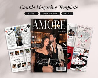 Plantilla de revista para parejas / Regalo de aniversario personalizado / Revista Canva personalizada / Recuerdo de boda, compromiso y San Valentín para él