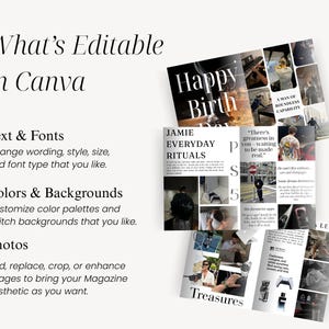 May include: A light beige graphic with the text "What's Editable in Canva" and details on editing text, fonts, colors, backgrounds, and photos. Several magazine-style layouts are displayed, showcasing various design elements.