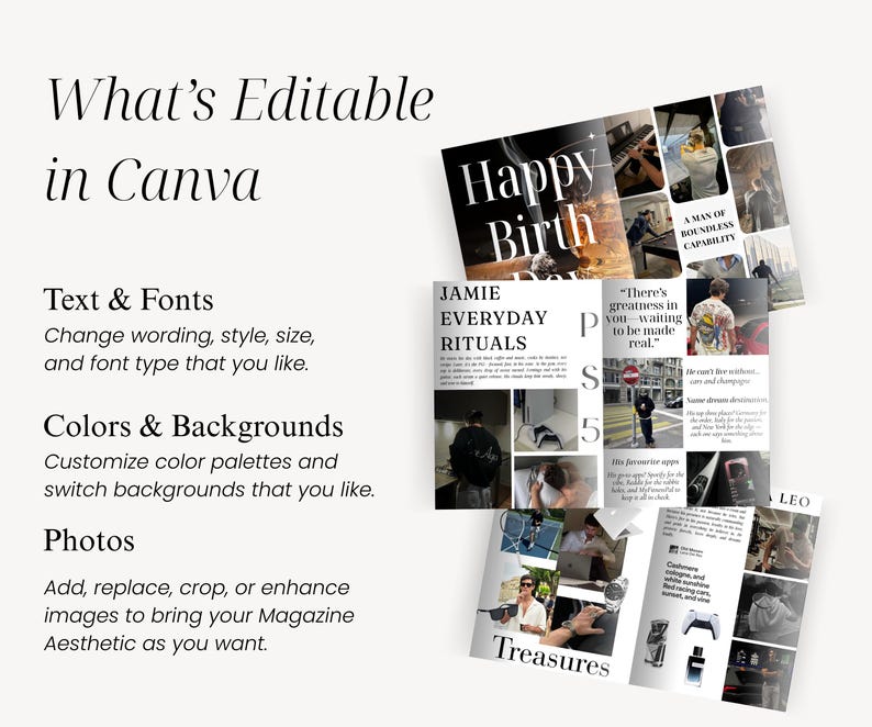 May include: A light beige graphic with the text "What's Editable in Canva" and details on editing text, fonts, colors, backgrounds, and photos. Several magazine-style layouts are displayed, showcasing various design elements.