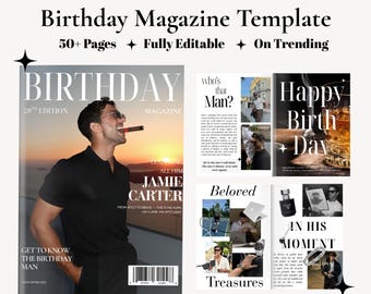 Plantilla de revista de cumpleaños personalizada para él / Revista de cumpleaños para novio / Regalo de recuerdo editable en Canva para hombres