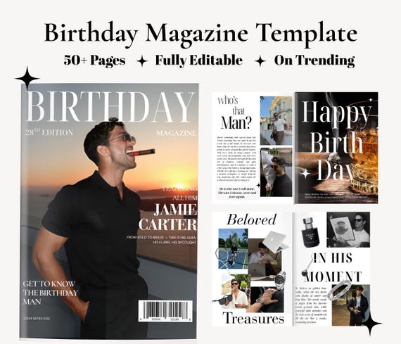 Personalized Birthday Magazine Template for Him | Birthday Magazine for Boyfriend | Editable Canva Gift Keepsake for Men