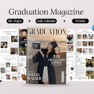 Könnte beinhalten: Eine digitale Abschlussmagazin-Vorlage mit einem Cover, das eine Person in Abschlusskleidung mit Diplom bei Sonnenuntergang zeigt. Das Layout umfasst mehrere Innenseiten mit Textabschnitten, Fotoplatzhaltern und dem Titel Graduation Magazine.