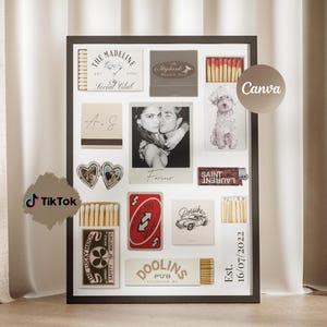 Peut inclure: Un collage encadré présentant divers éléments, notamment des boîtes d'allumettes, une photo et une illustration de chien. Les boîtes d'allumettes affichent des textes tels que "The Madeline Social Club" et "The Lucky Match". Une photo "Forever" et un briquet "Saint Laurent" sont également inclus.