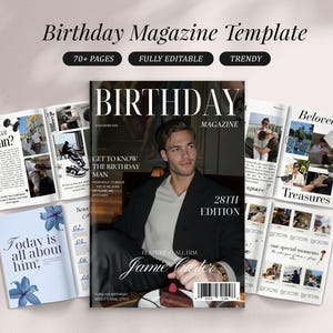May include: A magazine template with the title "Birthday Magazine Template" and the text "70+ PAGES", "FULLY EDITABLE", and "TRENDY". The magazine cover features a man and the text "BIRTHDAY MAGAZINE". Several open pages are visible.