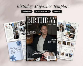Plantilla de revista de cumpleaños para hombres / Recuerdo de cumpleaños personalizado para novio o esposo / Revista editable en Canva para él