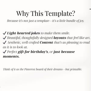 May include: A cream-colored graphic with the text "Why This Template?" and bullet points describing the template's features, including light-hearted jokes and beautiful layouts. The text also mentions it's a perfect gift.